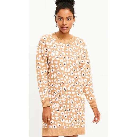 LOFT Tan White Leopard Print Long Sleeve Pullover Above Knee Sweater Dress Sz L - Picture 1 of 7